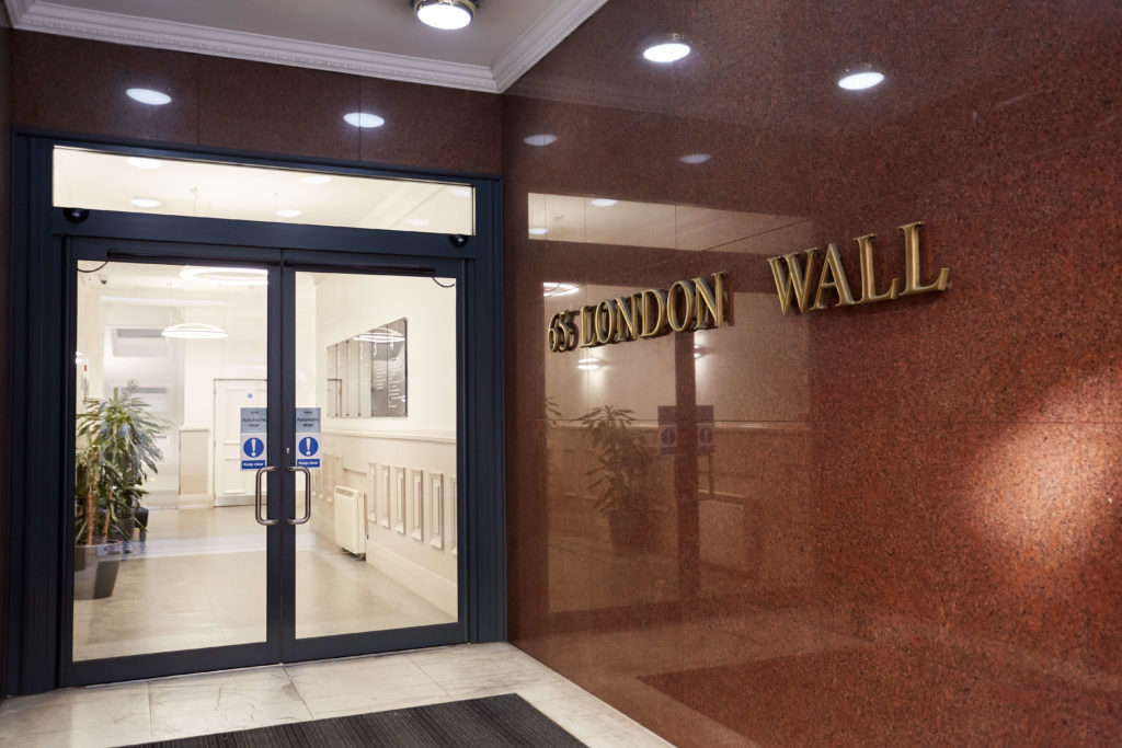 Entrance to Movement Perfected Moorgate at 65 London Wall